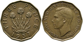 Великобритания 3 пенса 1937 Георг VI (1936-1952) KM 849, Spink 4112 никель латунь 60-1224