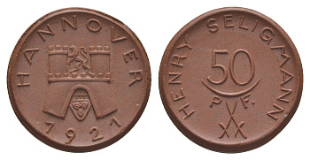 Ганновер 50 пфеннигов 1921 Генри Зелигман Men05 10843.4, Men18 13596.4 фарфор 1094-7-32