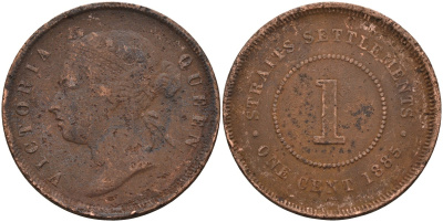 Стрейтс-Сетлментс 1 цент 1885 Виктория (1837-1901), Ост-Индская компания KM 9а бронза 4590-435