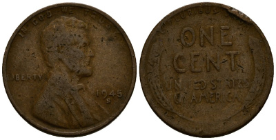 США 1 цент 1945 Линкольн, S KM A132 медь цинк 4164-847