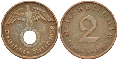 ГЕРМАНИЯ 2 РЕЙХСПФЕННИГА 1938 A KM 90, J. 362 бронза 261-911