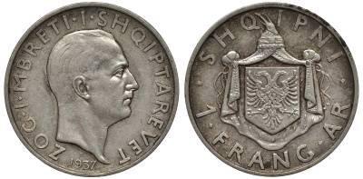 Албания 1 франга ари 1937 R, Ахмет Зогу I (1928-1939) KM 16 серебро 441-1614