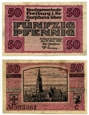 Фрайбург 50 пфеннигов 1920 30 марта 1920, нотгельд, земля Баден, Буква С Grabowski F21.4c бумага 2193-19-2-2