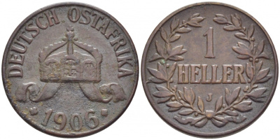 Немецкая Восточная Африка (Танзания) 1 геллер 1906 J, Ost-Africa Jaeger 716, KM 7	бронза 4448-417