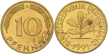 ФРГ 10 пфеннигов 1991 G KM 108, J. 383 сталь плакированная латунью 4175-1116