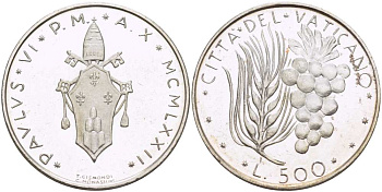 Ватикан 500 лир 1972 X год, Павел VI (1963-1978), пшеница и виноград KM 123 серебро  PROOF  4512-816