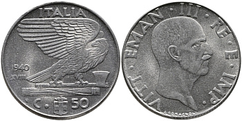 ИТАЛИЯ 50 ЧЕНТЕЗИМО 1940 R, ВИКТОР ИМАНУИЛ, XVII ГОД, НЕМАГНИТНАЯ KM 76а нержавеющая сталь 89-415