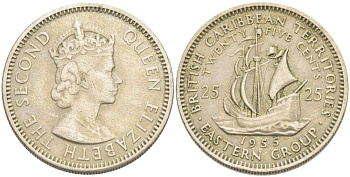 Британские Восточно-Карибские территории 25 центов 1955 Елизавета II (1952-2022), парусник KM 6 медно-никель 217-324