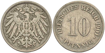 ГЕРМАНИЯ 10 ПФЕННИГОВ 1901 D KM 12, J. 13 медно-никель 4401-1223