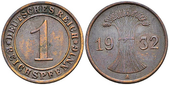 ГЕРМАНИЯ 1 РЕЙХСПФЕННИГ 1932 A KM 37, J. 313, Weege 2 бронза 4547-163