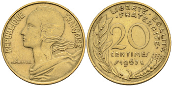 Франция 20 сантимов 1967 тип Marianne KM 930 медь алюминий никель    4595-1054