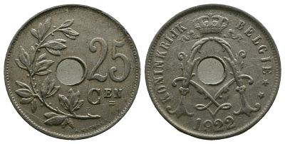 Бельгия 25 сантимов 1922 Belgie, Альберт I (1909-1934) KM 69 медно-никель 259-833