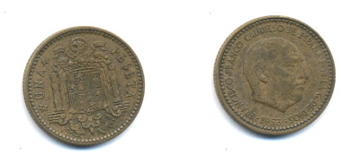 ИСПАНИЯ 1 ПЕСЕТА 1953 ФРАНСИСКО ФРАНКО ДИКТАТОР ИСПАНИИ (1939-1975) KM 775 алюминиевая бронза 54-246