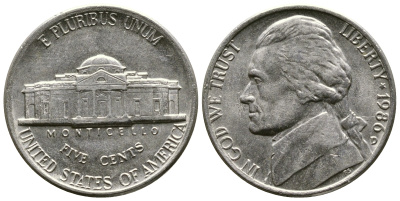 США 5 ЦЕНТОВ 1986 D, ДЖЕФФЕРСОН KM А192 медно-никель 25-1654