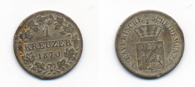 Бавария 1 крейцер 1870 Людвиг II (1864-1886) KM 487 серебро 71-1524