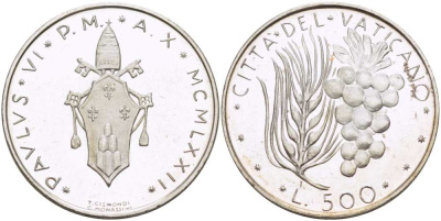 Ватикан 500 лир 1972 X год, Павел VI (1963-1978), пшеница и виноград KM 123 серебро  PROOF  4512-816