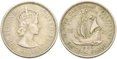 Британские Восточно-Карибские территории 25 центов 1955 Елизавета II (1952-2022), парусник KM 6 медно-никель 217-324