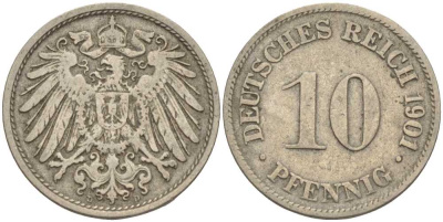 ГЕРМАНИЯ 10 ПФЕННИГОВ 1901 D KM 12, J. 13 медно-никель 4401-1223