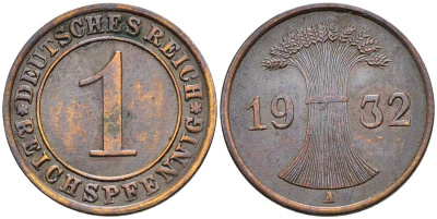 ГЕРМАНИЯ 1 РЕЙХСПФЕННИГ 1932 A KM 37, J. 313, Weege 2 бронза 4547-163