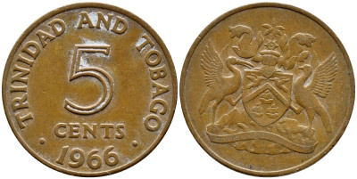 Тринидад и Тобаго 5 центов 1966 герб KM 2 бронза 4396-1046