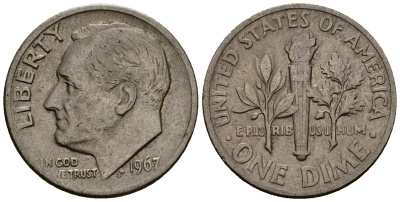 США 10 центов (дайм) 1967 Рузвельт KM 195a медь плакированная медно-никелем 4164-931