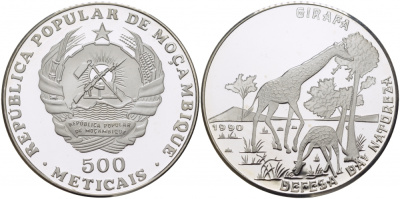 Мозамбик 500 метикалей 1990 серия защита окружающей среды, жирафы, тираж 2500 экз. KM 113 серебро PROOF 1076-9-52