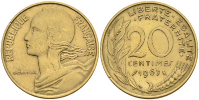 Франция 20 сантимов 1967 тип Marianne KM 930 медь алюминий никель    4595-1054