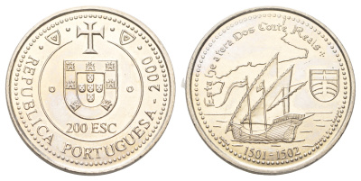 Португалия 200 эскудо 2000 Земля Кортириал KM 729 медно-никель UNC 4677-622