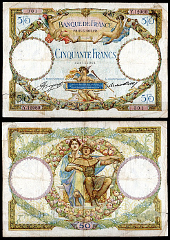 Франция 50 франков 1933 Меркурий, ангелы. Аллегорическая пара Pick 80 b бумага 7183-10-2-2