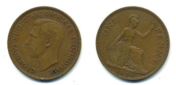 Великобритания 1 пенни 1940 Георг VI (1936-1952) KM 845, Spink 4114 бронза 4110-322