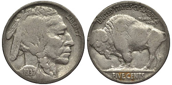 США 5 ЦЕНТОВ 1937 ИНДЕЕЦ, БИЗОН KM 134 медно-никель 27-656