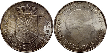 Нидерланды 10 гульденов 1973 25 лет правления королевы Юлианы KM 196 серебро aUNC 1515-1742