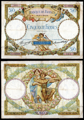 Франция 50 франков 1933 Меркурий, ангелы. Аллегорическая пара Pick 80 b бумага 7183-10-2-2