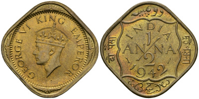 Британская Индия 1/2 анна 1942 Георг VI (1936-1952) KM 534b никель-латунь UNC 94-832