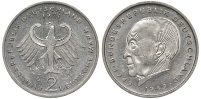 ФРГ 2 МАРКИ 1971 G, КОНРАД АДЕНАУЭР KM 124, J. 406 медно-никель плакированный никелем плакированный никелем UNC 72-437