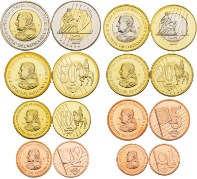Ватикан набор из 8 монет 2006 PROBE, ESSAI, европробники большого формата, в капсулах, Бенедикт XVI, тираж 30000 экз. биметалл PROOF 5-4-1-94