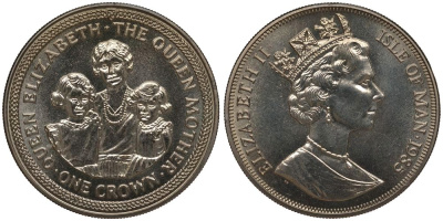 остров Мэн 1 крона 1985 Королева Елизавета (королева-мать), с дочерями KM 220 медно-никель UNC 1078-4-32