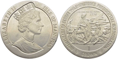 ОСТРОВ МЭН 1 КРОНА 1989 200 ЛЕТ ИНАУГУРАЦИИ ПРЕЗИДЕНТА ВАШИНГТОНА, ПЕРЕПРАВА ЧЕРЕЗ РЕКУ ДЕЛАВЭР KM 246 медно-никель UNC 107-922