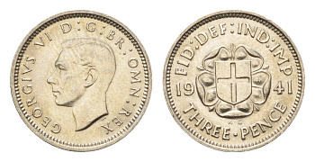 Великобритания 3 пенса 1941 Георг VI (1936-1952) KM 848, Spink 4085 серебро aUNC 4567-434