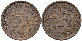 Нидерланды 1/2 цента 1917 Вильгельмина (1890-1948) KM 138 бронза 4576-417