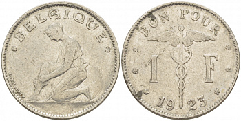 Бельгия 1 франк 1923 Belgique, Альберт I (1909-1934) KM 89 никель 259-941
