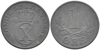 ДАНИЯ 1 ЭРЕ 1942 N; S, КРИСТИАН X (1912-1947) KM 832 цинк 211-664