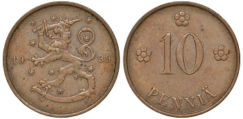 Финляндия 10 пенни 1939 KM 24 медь 51-3114