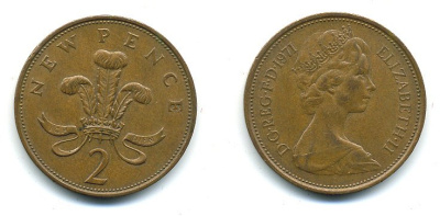 Великобритания 2 пенса 1971 Елизавета II (1952-2022) КМ 916, Spink 4235 (C1) бронза 4110-542