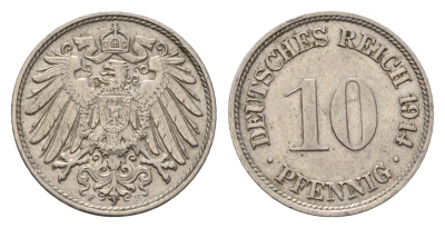 Германия 10 пфеннигов 1914 F, Вильгельм II (1888-1918) KM 12, J. 13 медно-никель 4636-1044
