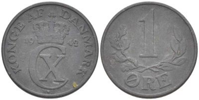 ДАНИЯ 1 ЭРЕ 1942 N; S, КРИСТИАН X (1912-1947) KM 832 цинк 211-664