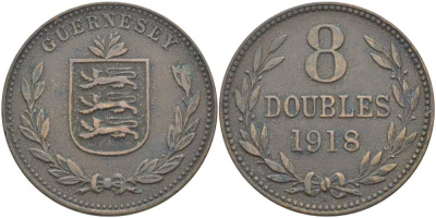 Гернси 8 даблов (дублей) 1918 KM 14 бронза 3996-541