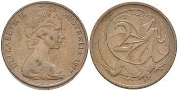 АВСТРАЛИЯ 2 ЦЕНТА 1977 ЕЛИЗАВЕТА II, МОЛОДОЙ ПОРТРЕТ, ПЛАЩЕНОСНАЯ ЯЩЕРИЦА (FRILLED LIZARD) KM 63 бронза 3457-633