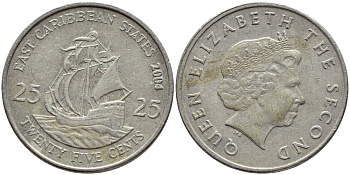 Восточно-Карибские штаты 25 центов 2004 Елизавета II (1952-2022), парусник KM 38 медно-никель 89-636