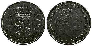 Нидерланды 2 1/2 гульдена 1970 Юлиана (1948-1980) KM 191 никель 4384-943